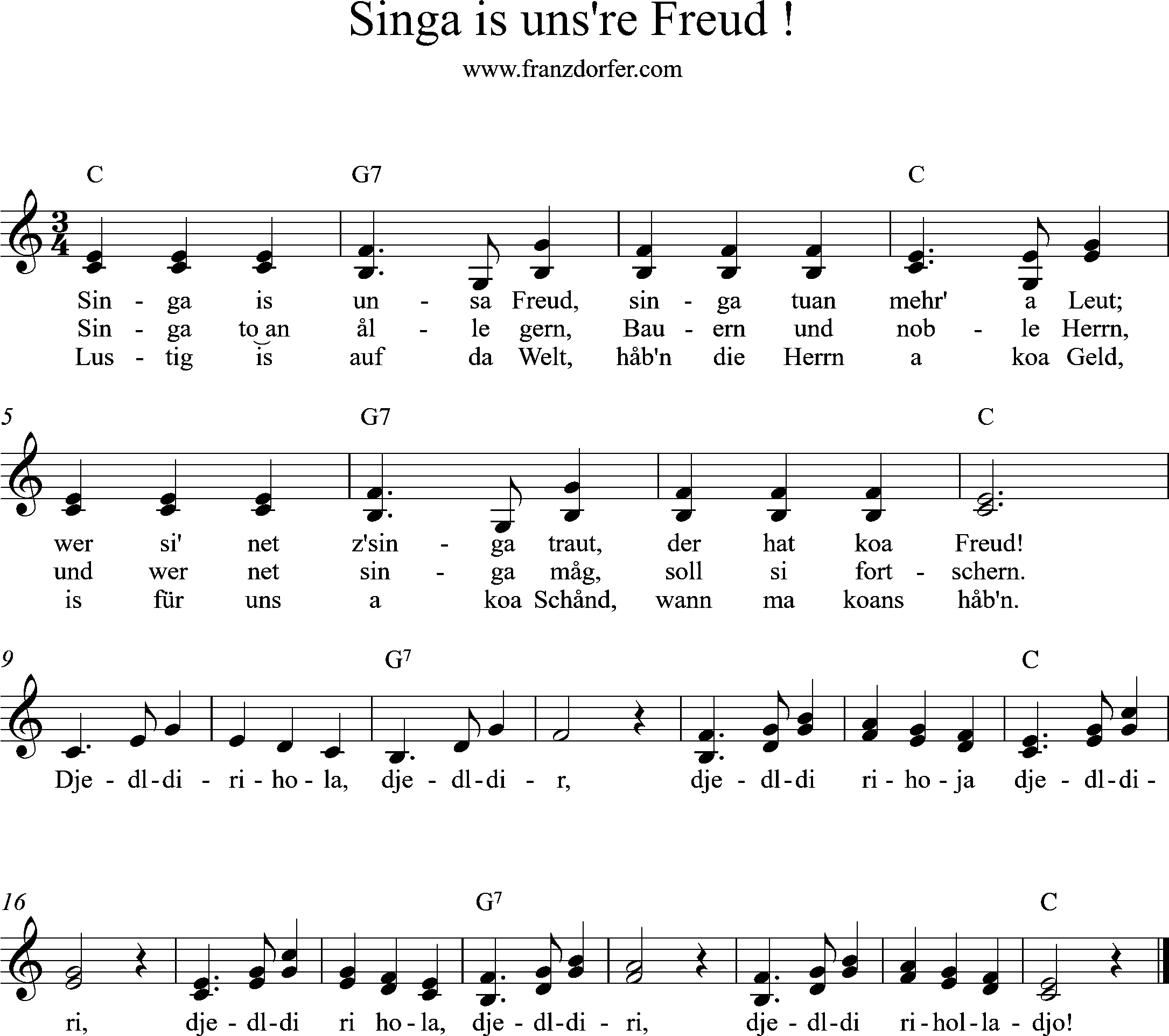 Singa is uns re Freud, Akkordeonnoten 2stiimige, C-Dur, Singa is uns re Freud